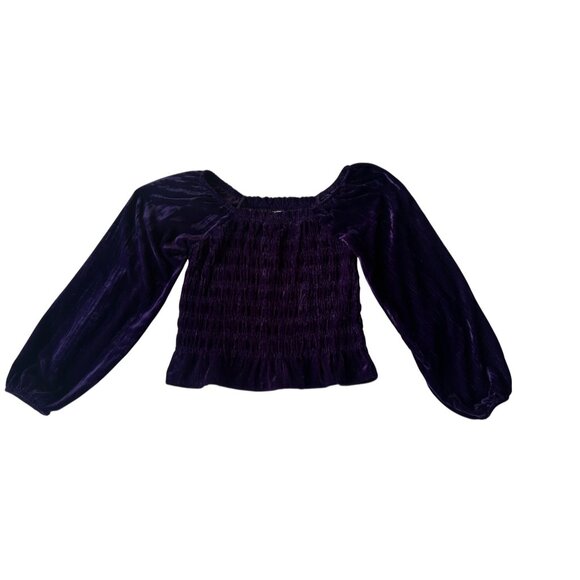 Womens M Purple Velvet Top Peplum Blouson Sleeve Stretch Top Fairy Witchy - Picture 6 of 9